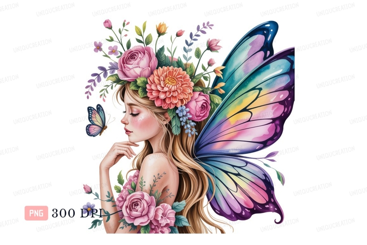 Blonde fairy with floral crown and butterfly wings