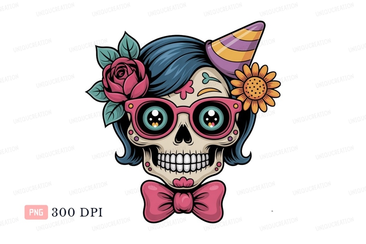 Sugar Skull With Flowers And Party Hat rose sunflower