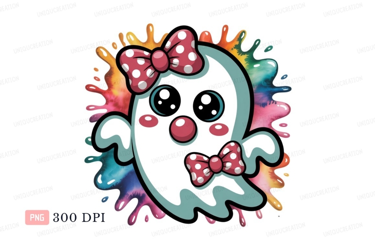 Cute ghost with bows and paint splashes polka