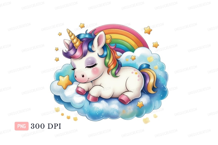 Sleeping unicorn on cloud with rainbow and stars image