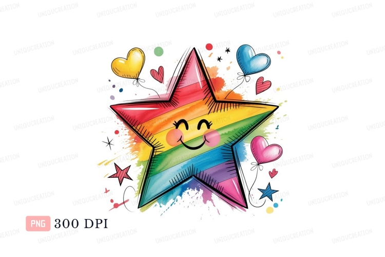 Cheerful rainbow star with hearts and balloons image