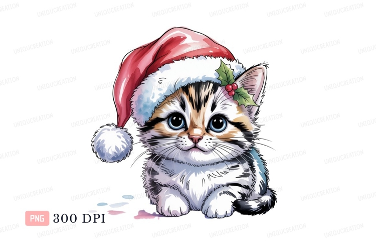 Adorable kitten wearing Santa hat christmas
