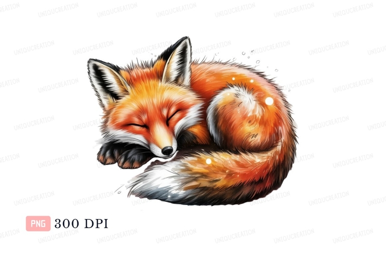 Sleeping fox with orange fur and white accents black