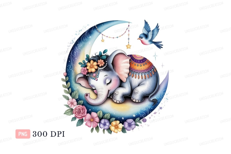 Sleeping elephant on moon with bird crescent