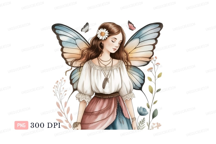 Whimsical fairy with butterfly wings and floral accents