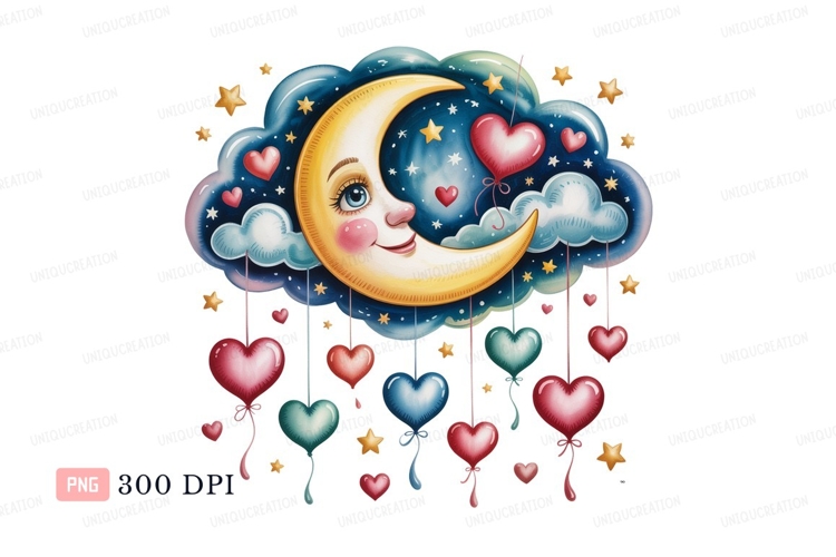 Smiling moon with heart balloons face hearts