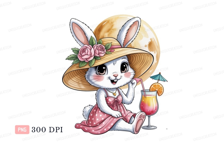 Bunny wearing hat drinking cocktail rabbit flowers