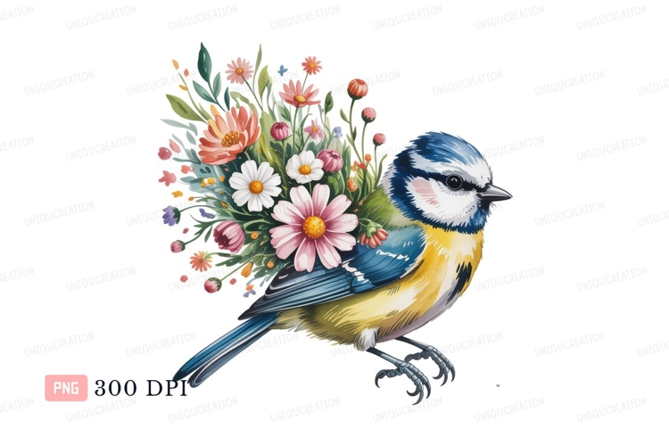 Blue bird adorned with blooming flowers yellow pink