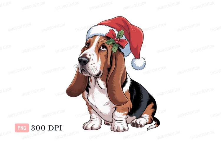 Basset Hound wearing Santa hat christmas