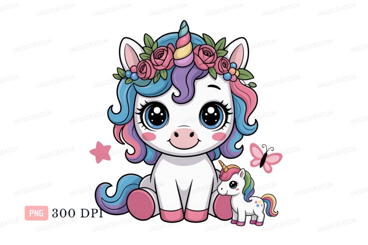 Cute unicorn with baby unicorn and butterfly fantasy