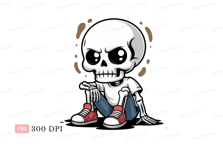 Cartoon skeleton sitting wearing jeans and sneakers