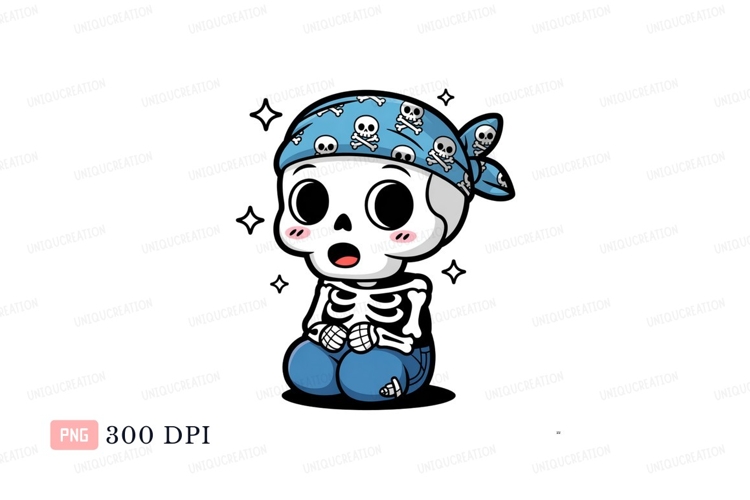 Cute skeleton wearing skull bandana and jeans blue