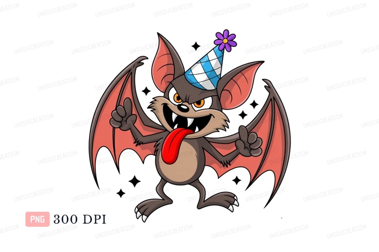 Bat wearing party hat with tongue out cartoon