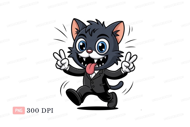 Cartoon cat wearing suit making peace sign black white