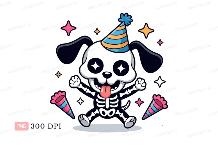 Black dog skeleton wearing party hat image