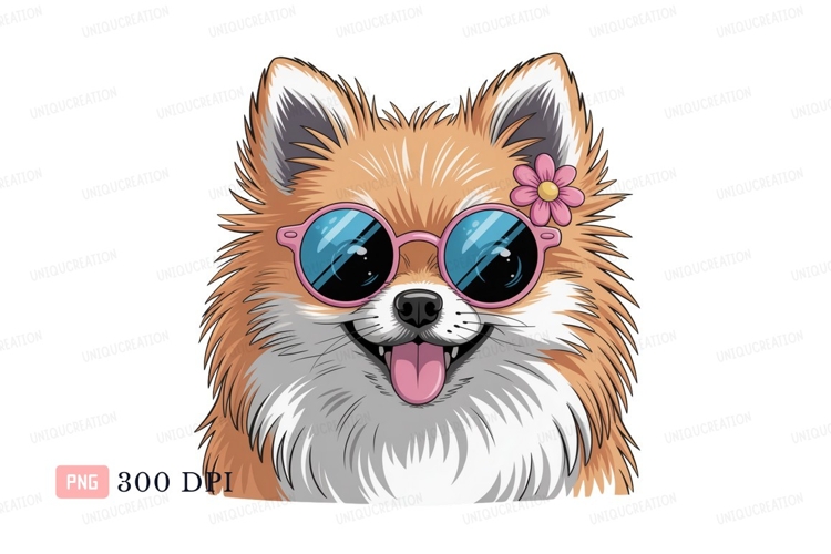 Fluffy dog wearing sunglasses and flower pomeranian
