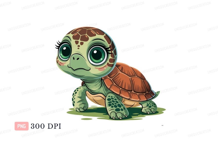 Cute green turtle with big eyes brown shell