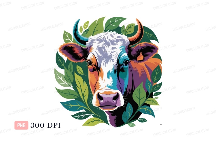 Colorful cow surrounded by green leaves bull cattle