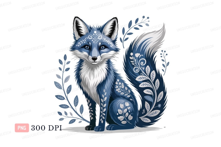 Blue fox with floral patterns white