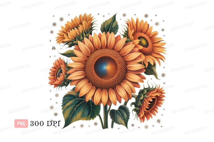 Orange sunflowers with blue center yellow green