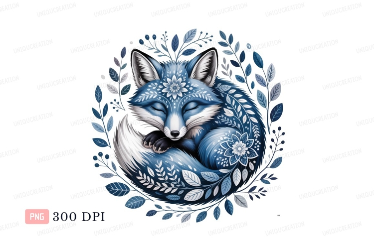 Sleeping fox adorned with floral patterns blue white