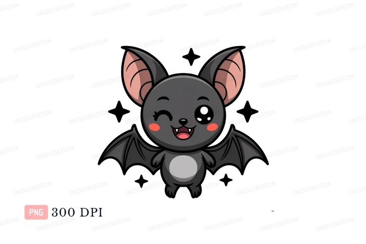 Cute bat winking with pink cheeks cartoon black