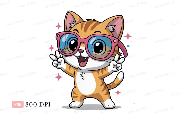 Orange tabby cat wearing pink sunglasses white