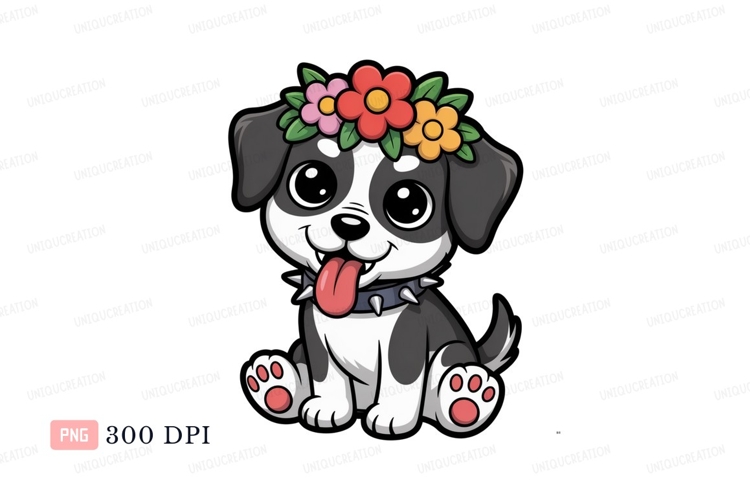 Cute puppy wearing flower crown and spiked collar animal