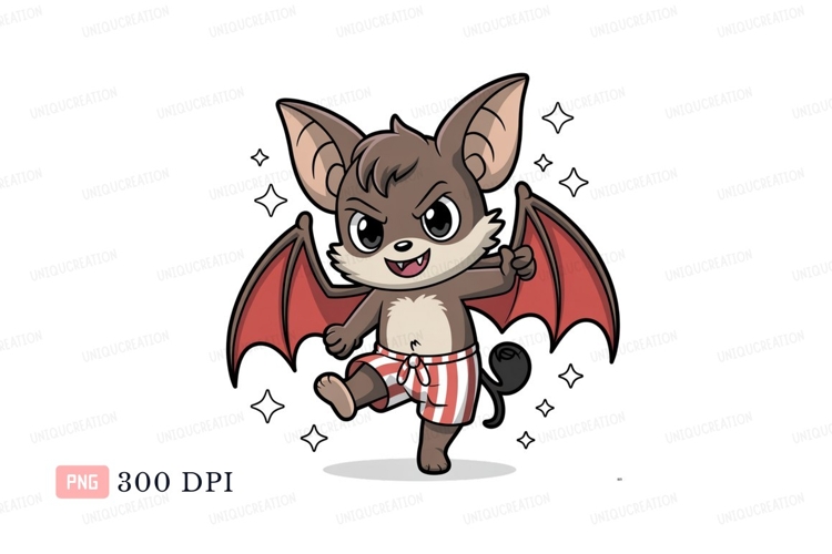 Cute bat character wearing striped shorts cartoon wings