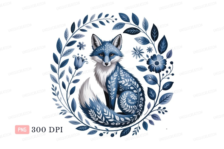 Blue fox floral wreath white