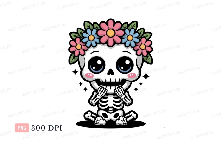 Cute skeleton wearing flower crown pink