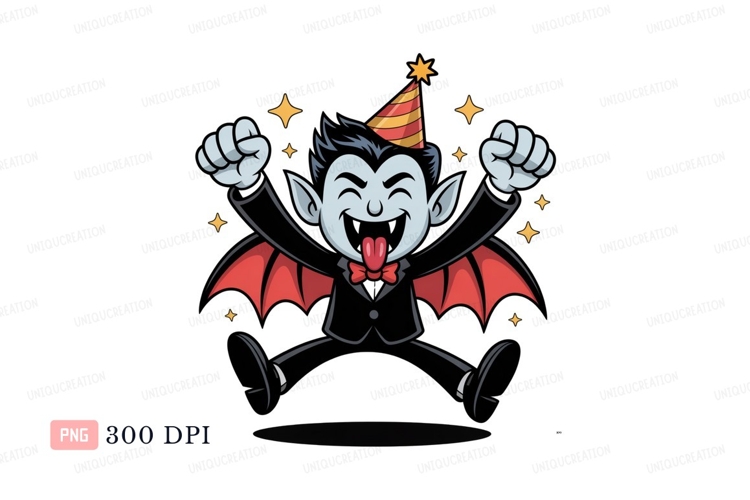 Happy vampire jumping with party hat image