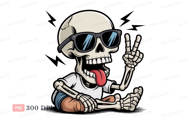 Skeleton wearing sunglasses making peace sign tongue