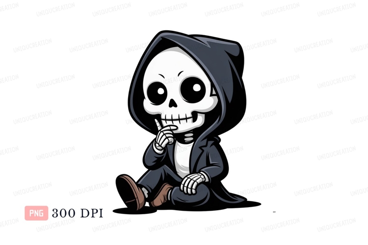 Grim Reaper thinking pose skeleton hooded