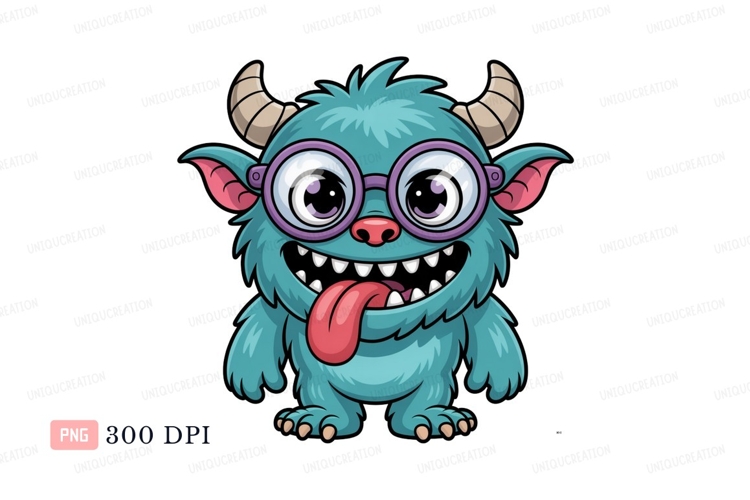 Furry blue monster with glasses and tongue out image