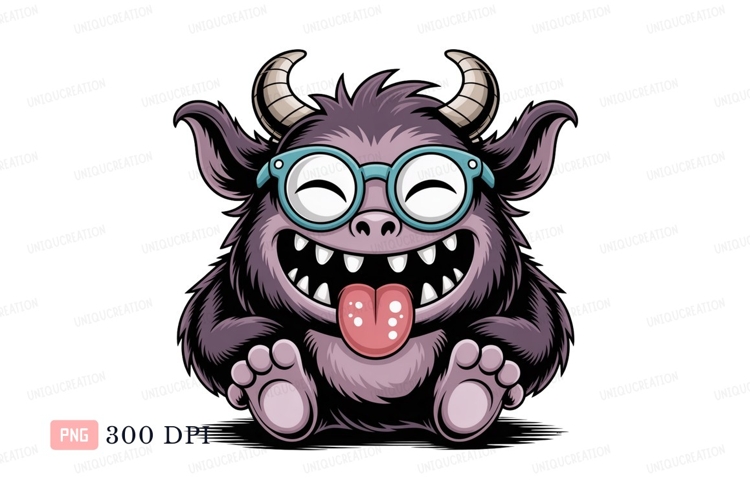 Furry monster with glasses and tongue out purple
