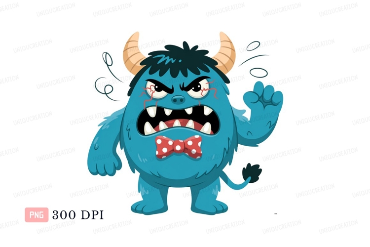 Angry blue monster with horns and bow tie image