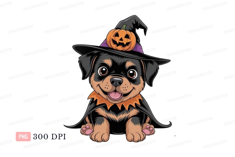 Cute puppy wearing witch hat and pumpkin halloween