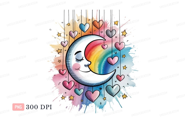 Smiling moon with rainbow and hearts stars