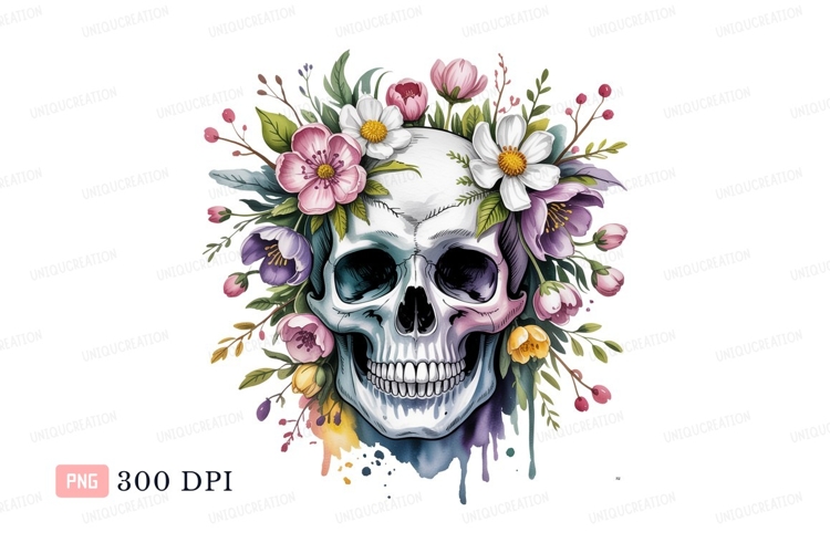 Skull adorned with colorful flowers floral pink