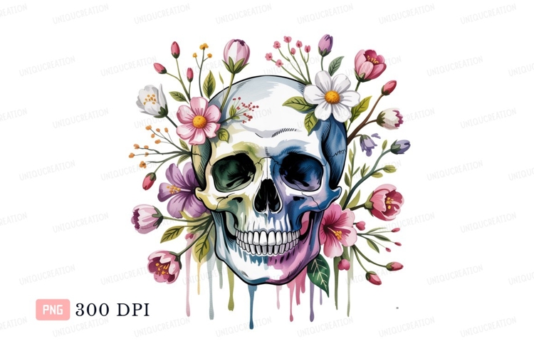 Colorful skull adorned with blooming flowers floral