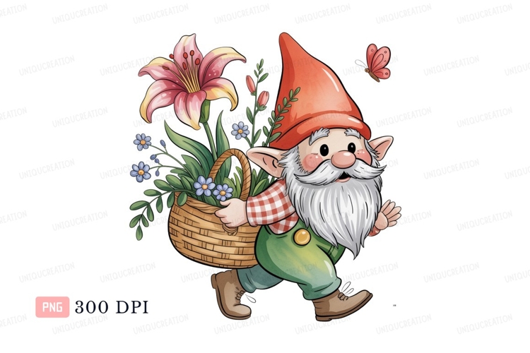 Gnome carrying basket flowers butterfly image