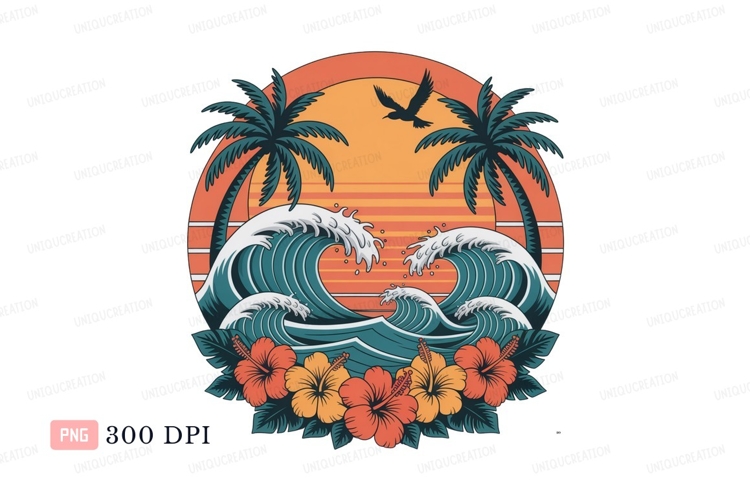 Tropical ocean sunset with palm trees and hibiscus flowers