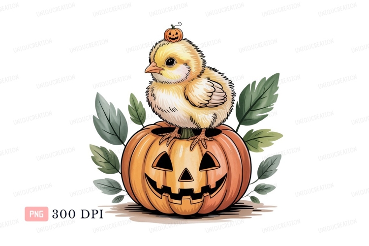 Fluffy chick wears pumpkin hat on jackolantern yellow