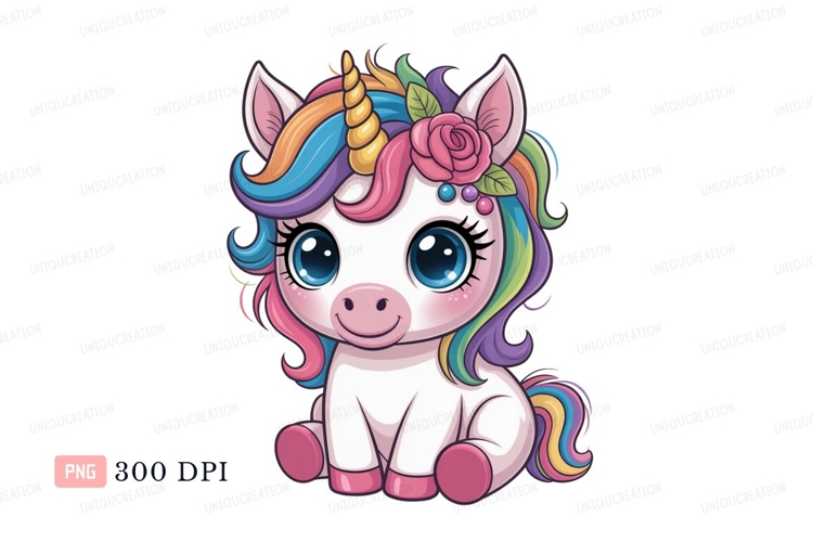 Cute unicorn with rainbow mane and floral crown fantasy