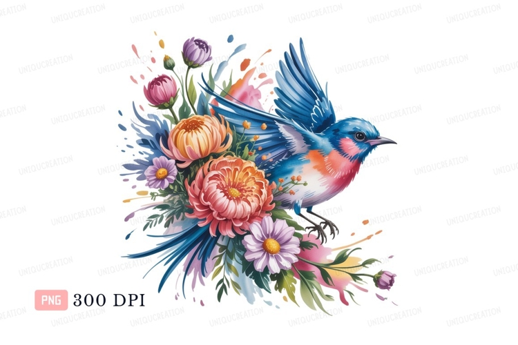Blue bird with colorful flowers orange pink
