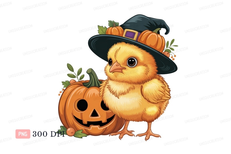 Yellow chick wearing witch hat with pumpkin orange