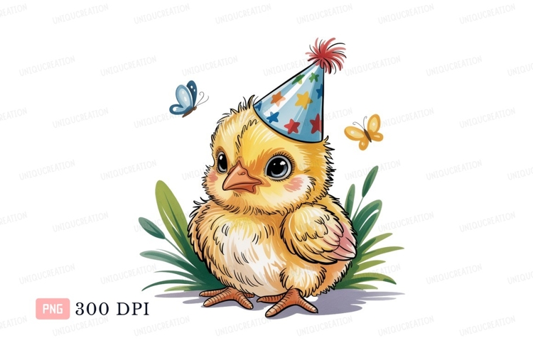 Yellow chick wearing party hat with butterflies bird