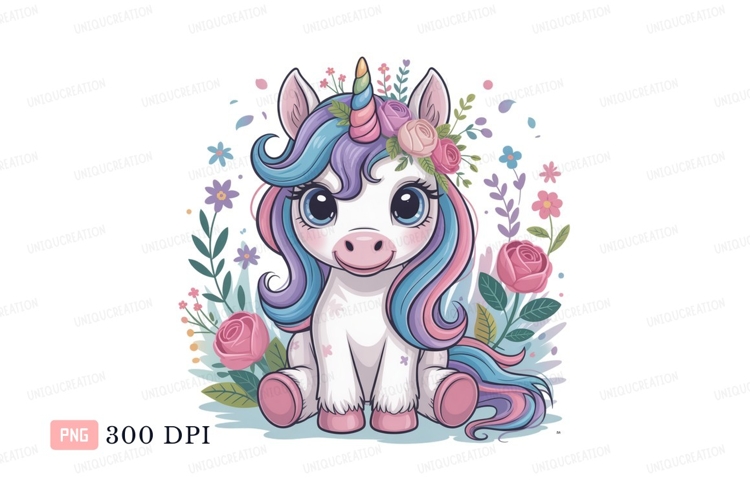 Cute unicorn surrounded by flowers fantasy magical