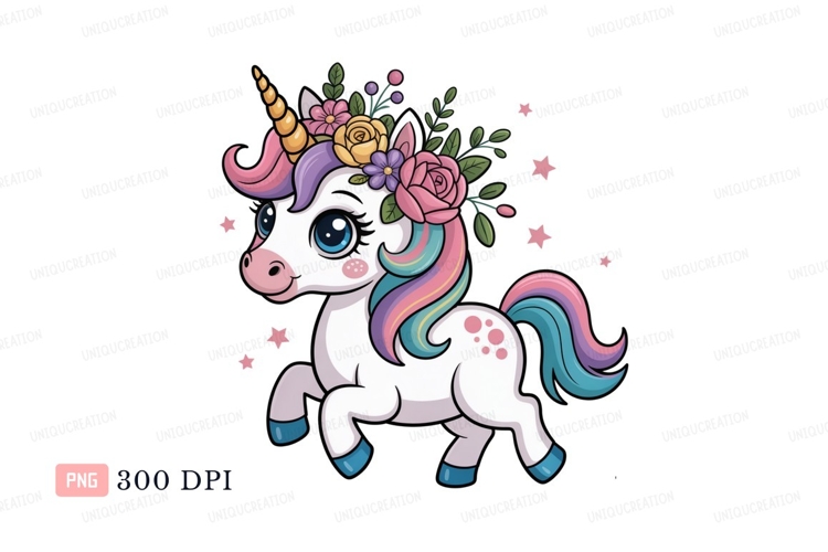 Adorable unicorn adorned with flowers fantasy magical